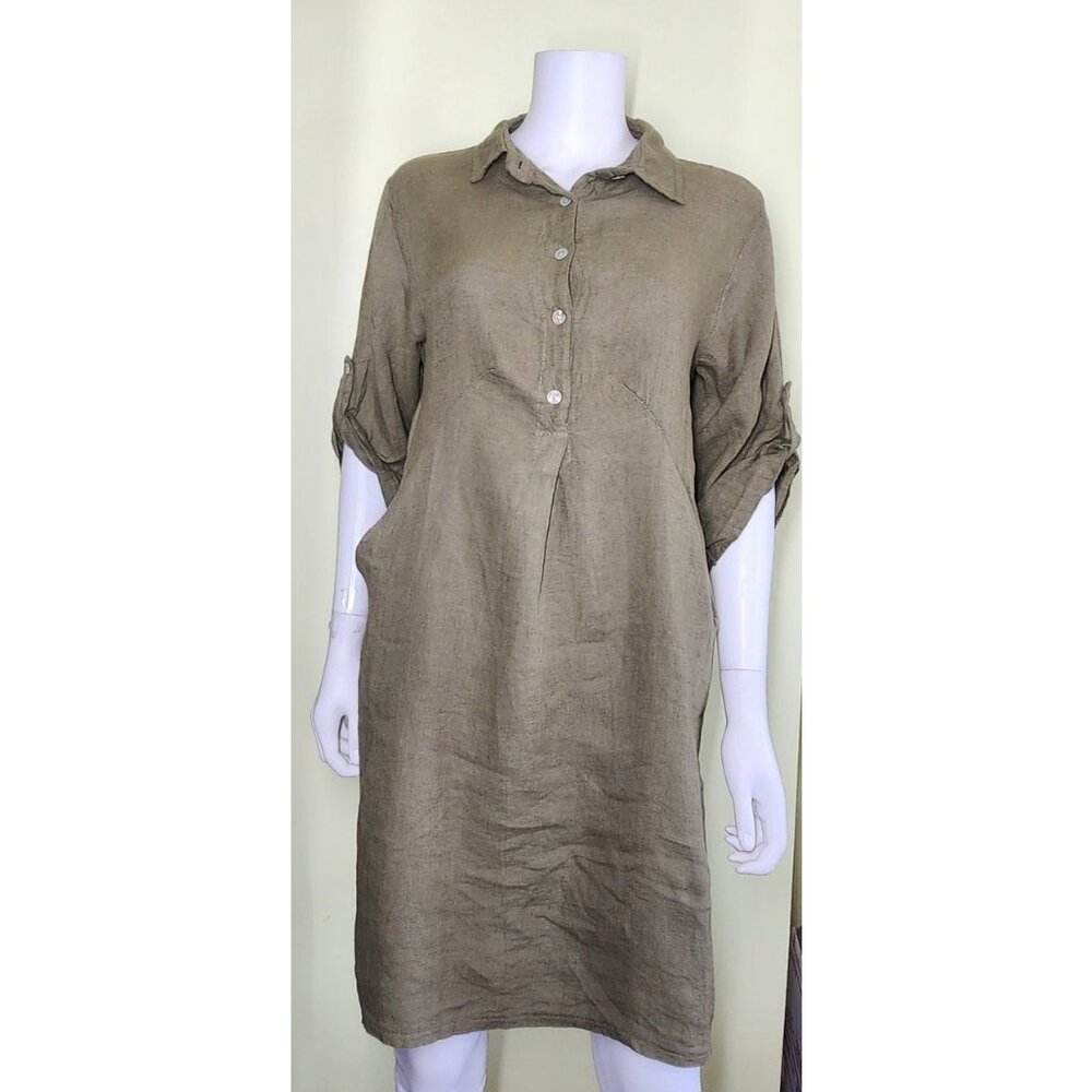 Elena Baldi Linen Shirt Dress Womens Large Army Green Roll Tab Sleeve Lagen Look